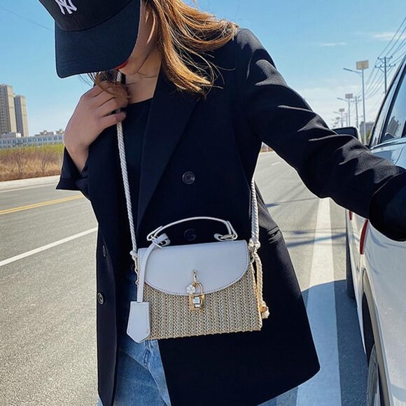 Straw Square Bag Rattan Beach Purse Crossbody Shoulder Tote for Women - Picture 3 of 5